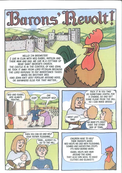 The picture shows the first page of a comic strip about a family lviing in Clun in Norman times. It introduces us to Brewster, the cockerel who tells the story and the children Ned, Isabel and baby Matilda. Like most children they prefer to play than help with the work and the story of their adventure continues from there.